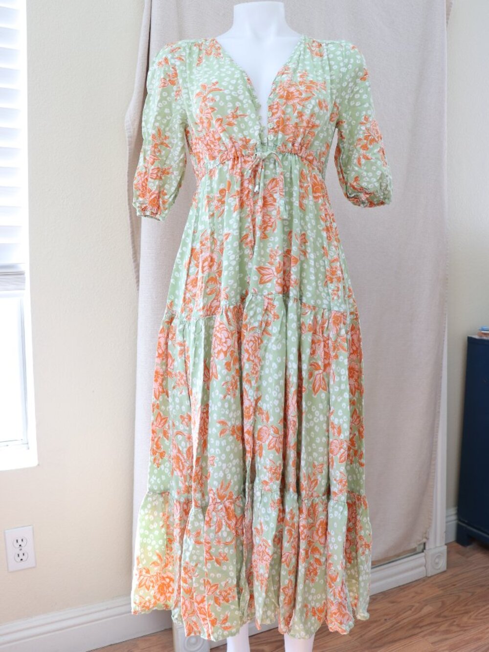 Abel The Label Sage Wild Bloom Boho Floral Summer V Neck Maxi Dress Size XS